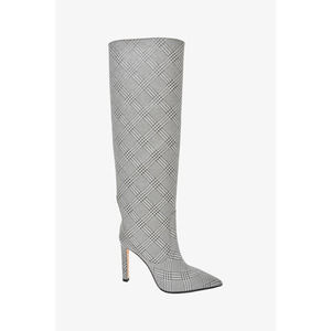 Jimmy Choo Silver Houndstooth Glitter Mavis 100 Knee High Boots Size 37